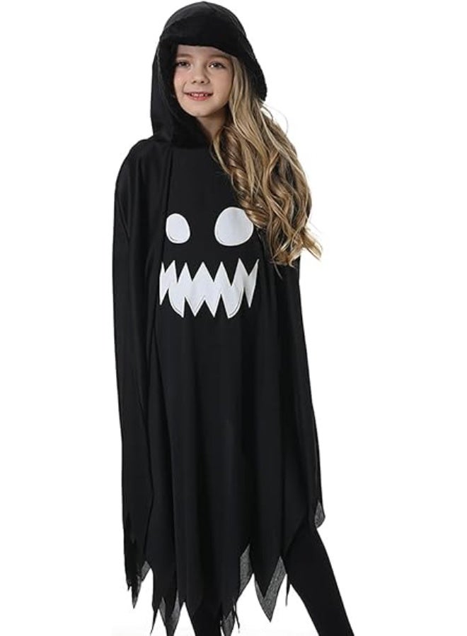 Home Smart Ghost Costume Dress for Boys and Girls Halloween Fancy Ghost Hood Cape with Glowing Scary Face in Dark for Stage Performance, and Themed Party (Black) - Image 2