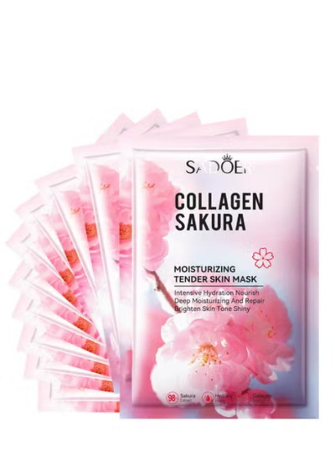 SADOER 10 PCS Sakura Korean Face Masks Skincare, Collagen Face Mask, Moisturize Facial Mask Hydrating Face Mask, Sheet Mask, Skin Repair Face Sheet Mask, Deep Moisturizing & Repairin - Image 1