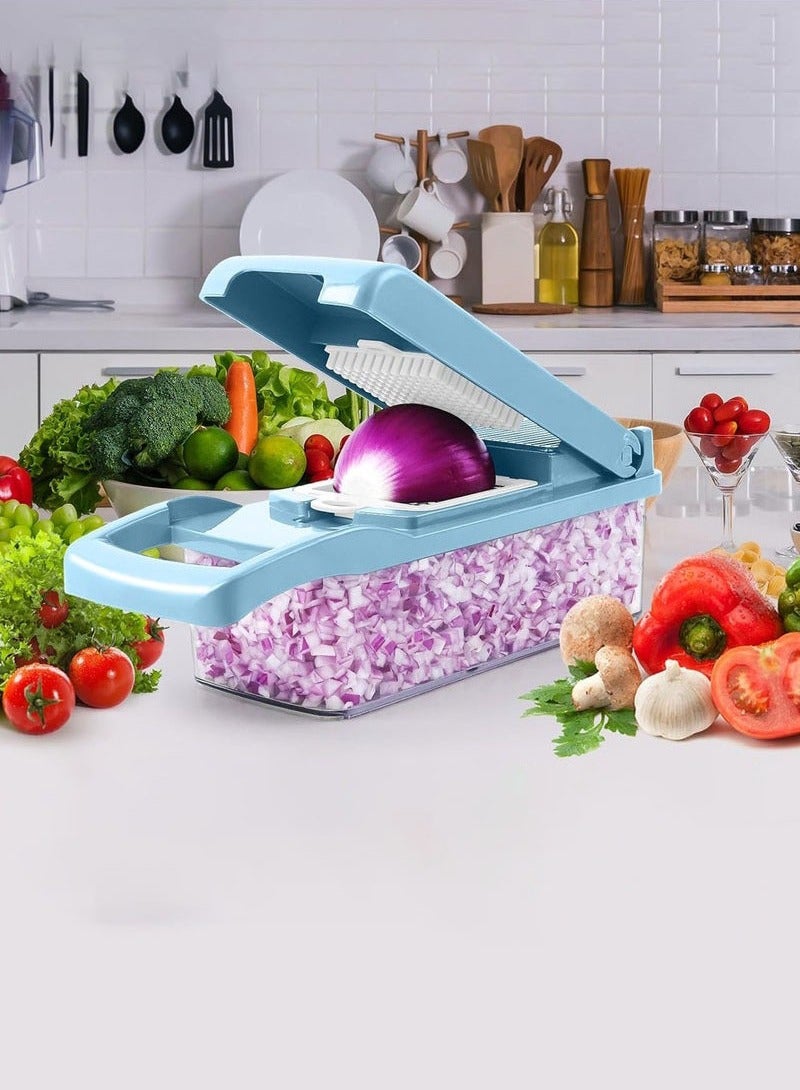 Hanayo مفرمة خضروات متعددة الوظائف 12 في 1 قاطع شرائح مع حاوية واقي يد سلة تصريف قاطع خضروات لسلطة البصل (أزرق) - Image 2