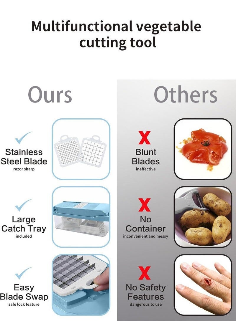 Hanayo مفرمة خضروات متعددة الوظائف 12 في 1 قاطع شرائح مع حاوية واقي يد سلة تصريف قاطع خضروات لسلطة البصل (أزرق) - Image 3