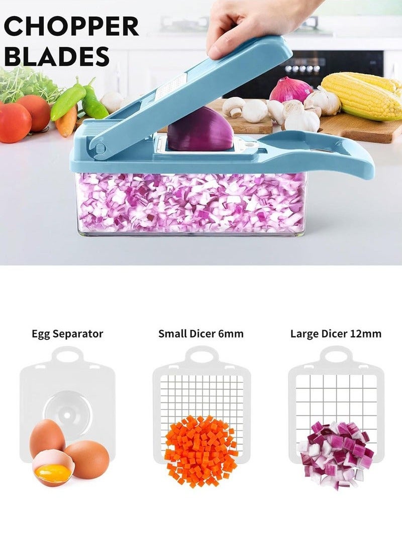 Hanayo مفرمة خضروات متعددة الوظائف 12 في 1 قاطع شرائح مع حاوية واقي يد سلة تصريف قاطع خضروات لسلطة البصل (أزرق) - Image 4
