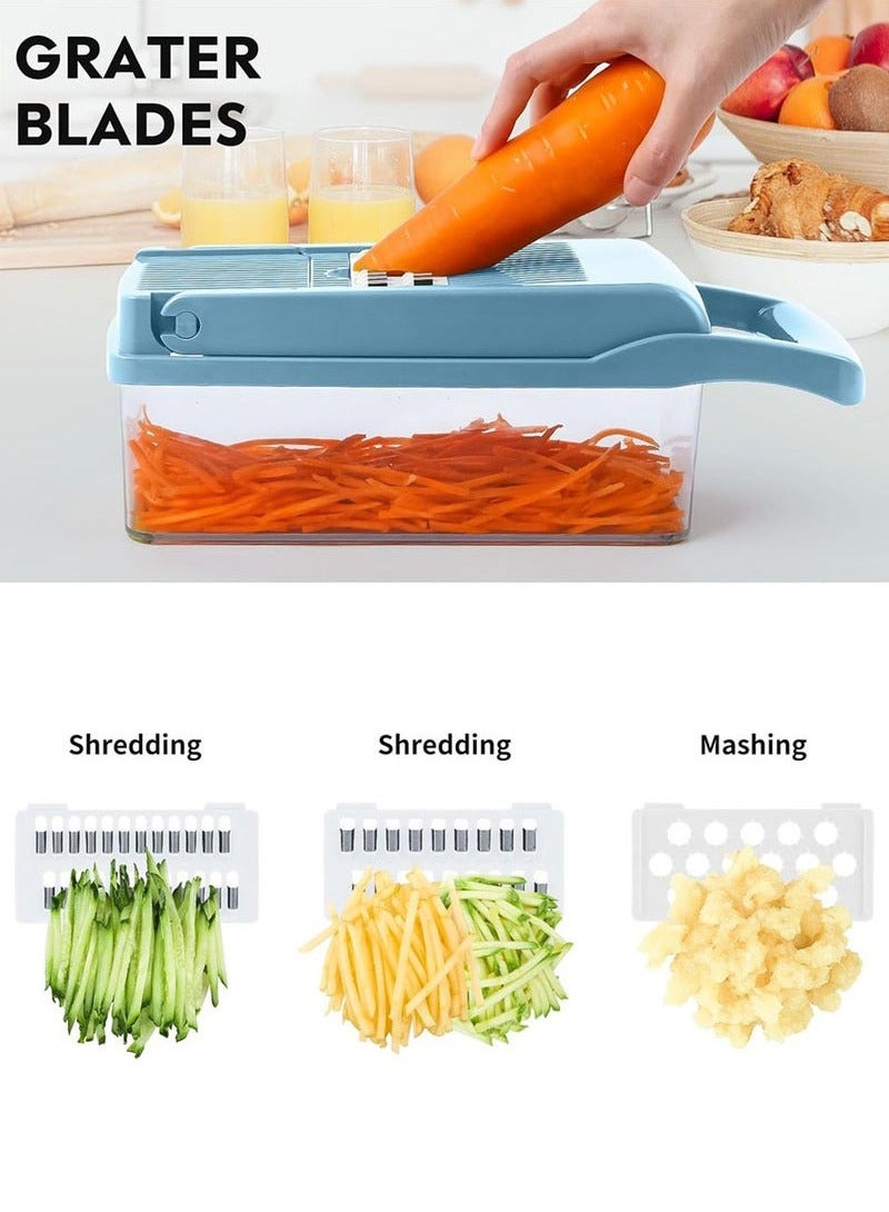 Hanayo مفرمة خضروات متعددة الوظائف 12 في 1 قاطع شرائح مع حاوية واقي يد سلة تصريف قاطع خضروات لسلطة البصل (أزرق) - Image 5