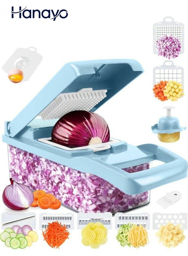 Hanayo مفرمة خضروات متعددة الوظائف 12 في 1 قاطع شرائح مع حاوية واقي يد سلة تصريف قاطع خضروات لسلطة البصل (أزرق) - Image 1