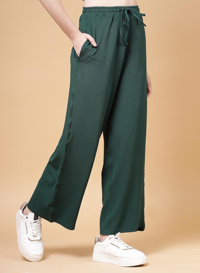 PAUSE PAUSE Women Green Solid Drawstring Waist Wide Leg Pants - Image 3