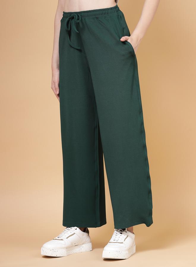 PAUSE PAUSE Women Green Solid Drawstring Waist Wide Leg Pants - Image 2