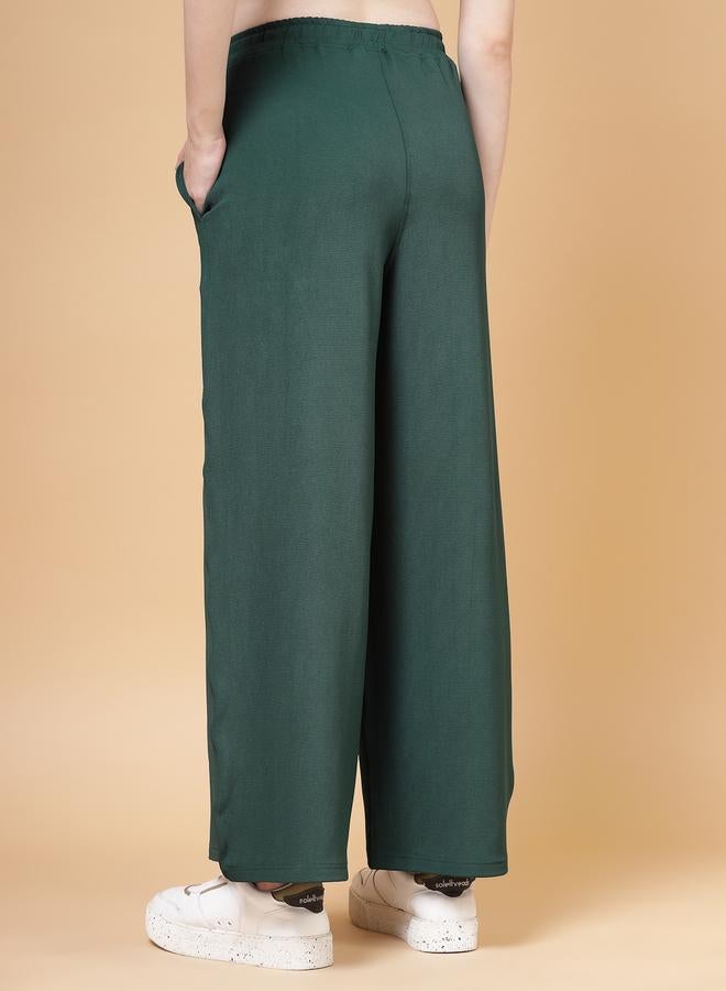 PAUSE PAUSE Women Green Solid Drawstring Waist Wide Leg Pants - Image 4