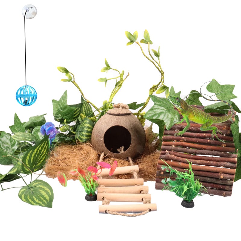 RUNANIA Crested Gecko Tank Accessories，Reptile Vines Plants with Coconut Shell Ladder Hideout Hermit Crab Decor for Bearded Dragon Lizard Chameleon Tortoise Snake - Image 1