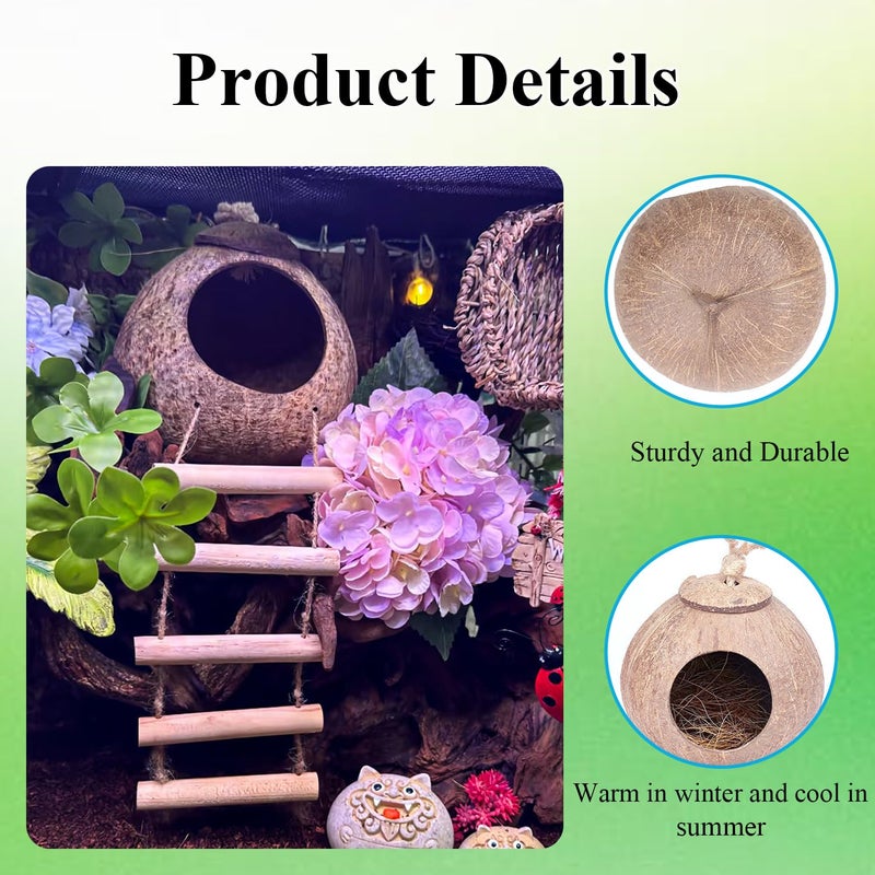 RUNANIA Crested Gecko Tank Accessories，Reptile Vines Plants with Coconut Shell Ladder Hideout Hermit Crab Decor for Bearded Dragon Lizard Chameleon Tortoise Snake - Image 2