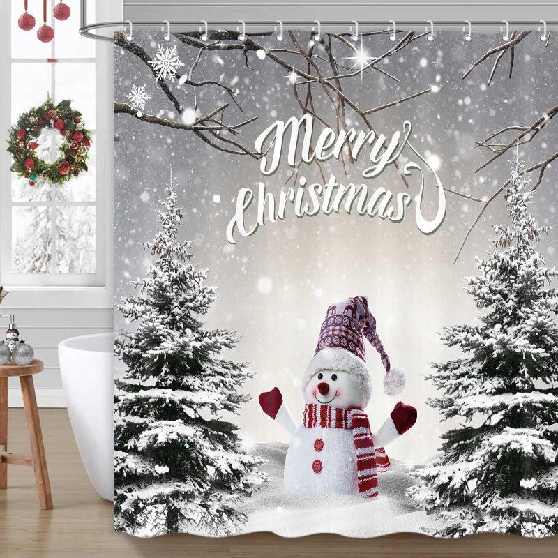 ICTEISOM Christmas Snowman Shower Curtain  Cute Snowman Snowflake Forest Grey Winter Fabric Shower Curtains for Bathroom  Xmas Holiday Gray Bathroom Accessories Decor with Hooks Set 72 x 72 Inches - Image 2