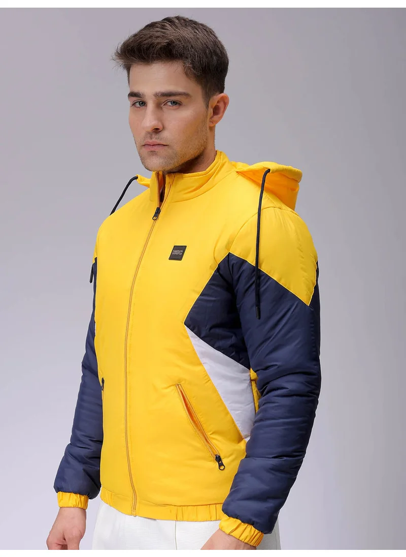 شركة المرآب الهندية Mens Yellow Slim Fit Color Block Hooded Zipper Placket Zipper Pocket Winter Jacket