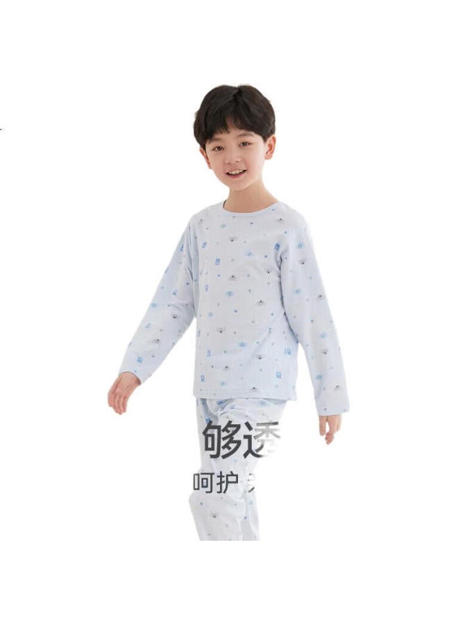 Red Bean Hongdou Children'S Pajamas, Boys And Girls Spring And Summer Thin Pure Cotton Home Wear Set, Long-Sleeve Pants, Air Conditioning Suit, J3269, Light Blue, Size 150 - Image 3