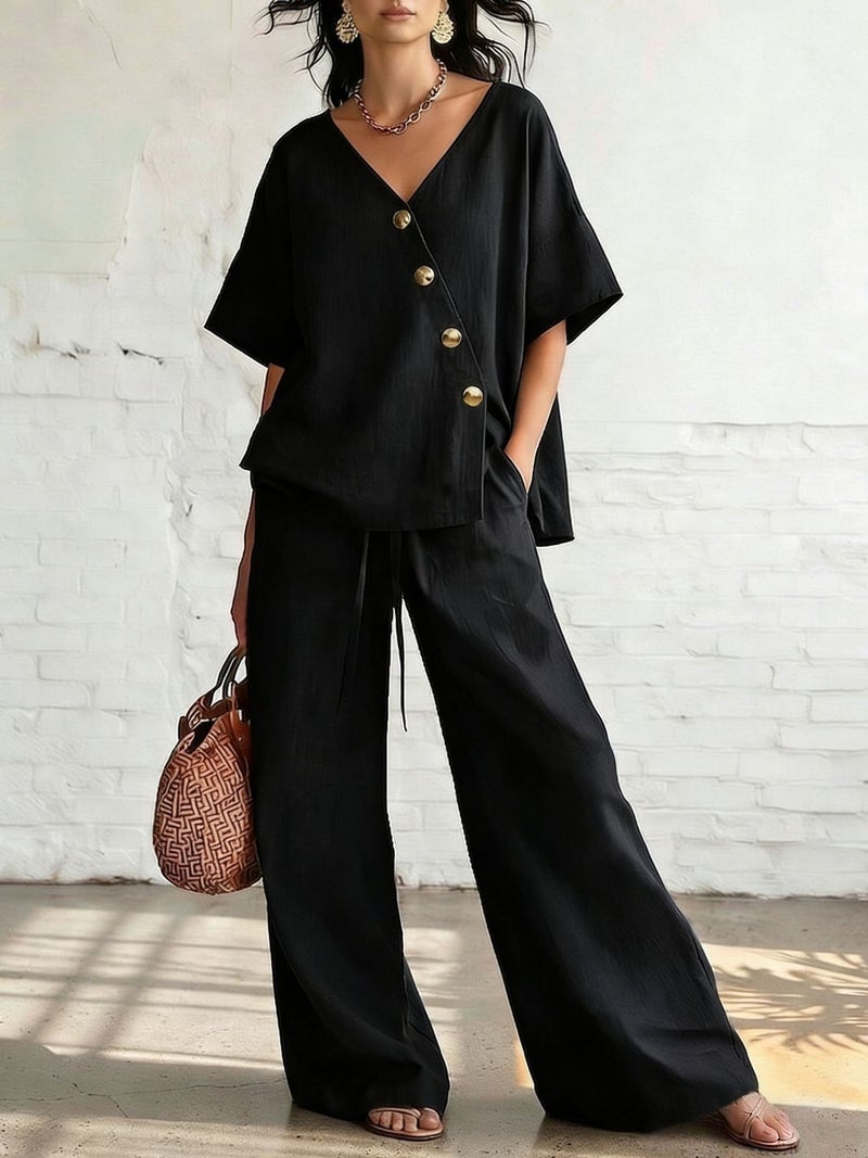 ومجموعة قطعتين من الأزياء النسائية: لون صلب V-Neck Cardigan أعلى ، قصيرة الأكمام خيوط السحب مستقيم الساق سراويل واسعة الساق ، غير رسمية - Image 1
