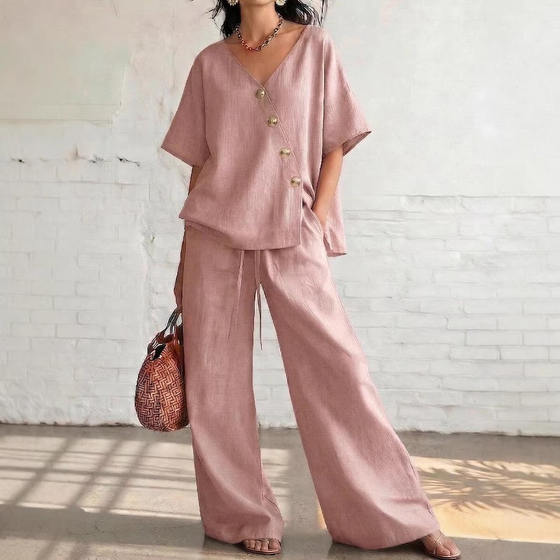 ومجموعة قطعتين من الأزياء النسائية: لون صلب V-Neck Cardigan أعلى ، قصيرة الأكمام خيوط السحب مستقيم الساق سراويل واسعة الساق ، غير رسمية - Image 4