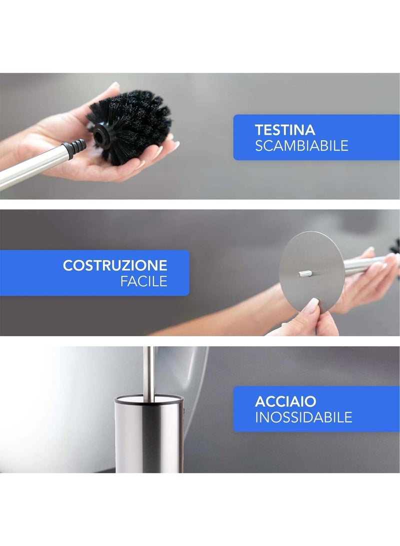 طقم فرشاة وحامل للمرحاض – فرشاة مقاومة للخدش لحوض المرحاض بشعيرات ناعمة، رأس قابل للاستبدال، حماية من تناثر الماء، وتصميم صغير الحجم لتنظيف فعال – فضي - Image 5