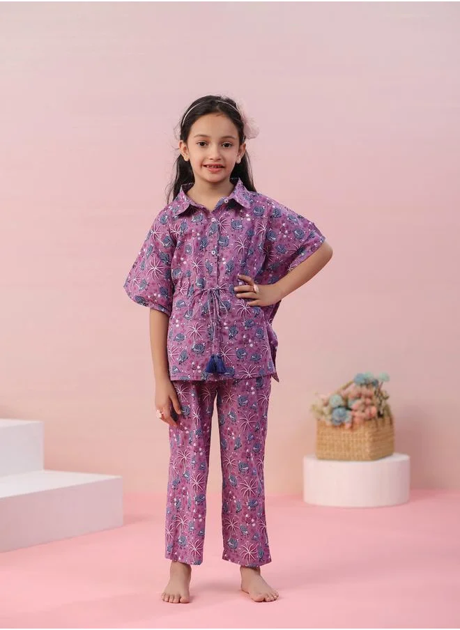 sanskrutihomes All Over Print Collared Kaftan & Pyjama Set by Styli