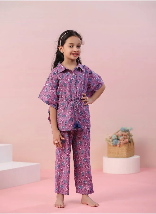 sanskrutihomes All Over Print Collared Kaftan & Pyjama Set by Styli
