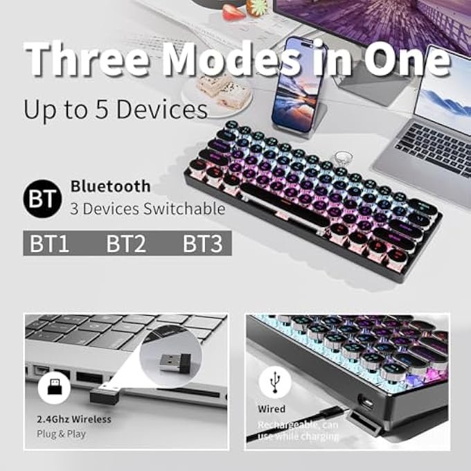 EWEADN G61 TYPEWRITER KEYBOARD WIRELESS MECHANICAL KEYBOARDS, 60% MINI TYPEWRITER KEYBOARDS WITH RAINBOW BACKLIT, ANTI-GHOSTING, RED SWITCH BLUETOOTH/2.4GHZ/USB-C CUTE AESTHETIC KEYBOARD-BLACK - Image 3