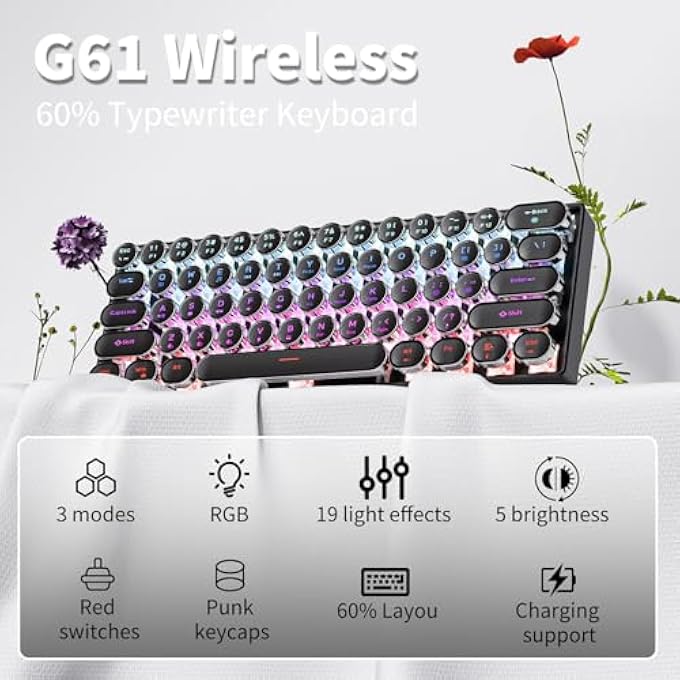 EWEADN G61 TYPEWRITER KEYBOARD WIRELESS MECHANICAL KEYBOARDS, 60% MINI TYPEWRITER KEYBOARDS WITH RAINBOW BACKLIT, ANTI-GHOSTING, RED SWITCH BLUETOOTH/2.4GHZ/USB-C CUTE AESTHETIC KEYBOARD-BLACK - Image 2