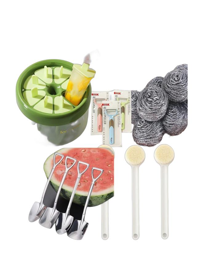 CHU DAI Stainless Steel Vegetable Peeler & 20-Pack Stainless Steel Scouring Pads & Popsicles Molds with Sticks 8 Piece Popsicle Mold Ice Cream Molds Small Popsicle & Dessert Spoon Set, 4 Pcs Shovel Shape Stainless Steel Spoons, Ice Cream Fruit Spoon for Home, Kitchen or Restaurant & 3-pack Body Brush Dry Brushing Shower Bath Brush Long Handle Gentle Back Skin Scrubber Exfoliate Massage Improve Blood Circulation Cellulite TreatmentBundle - Image 1