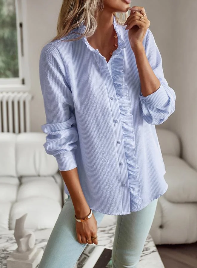 Take Two Blue Ruffle Detail Long-Sleeve Shirt