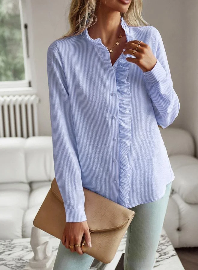 Take Two Blue Ruffle Detail Long-Sleeve Shirt