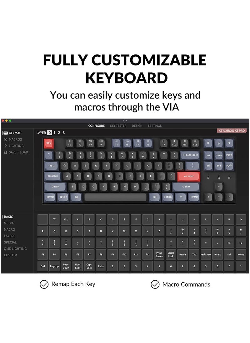 Keychron - K8 Pro Wireless Custom Mechanical Keyboard, 87 keys QMK/VIA Programmable Bluetooth/Wired White Backlight Tenkeyless with Hot-swappable Gateron G Pro Brown Switch Compatible with Mac Windows Linux - Image 1