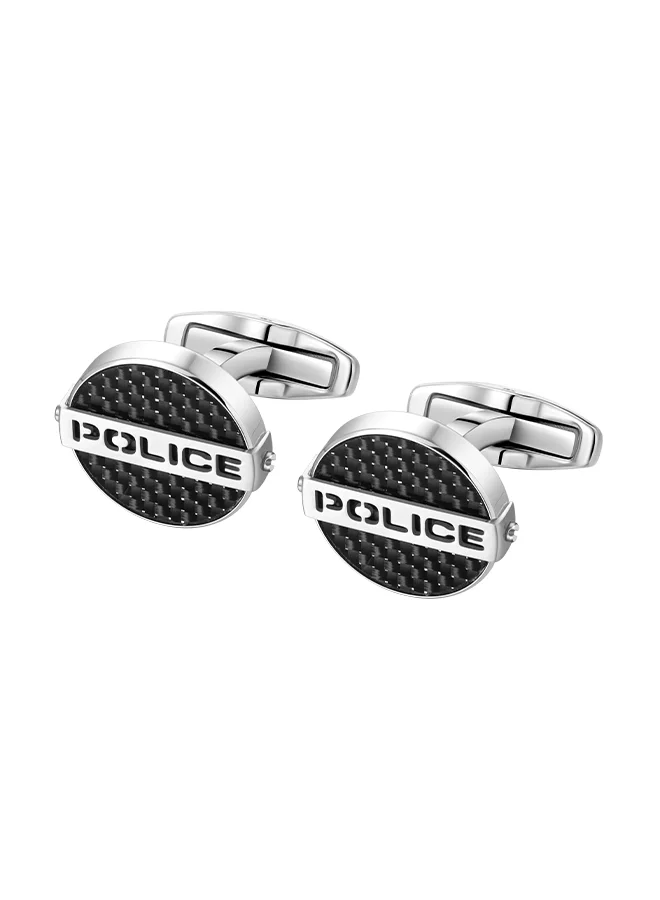 POLICE Cut Silver Black Stainless Steel Cufflinks for Men