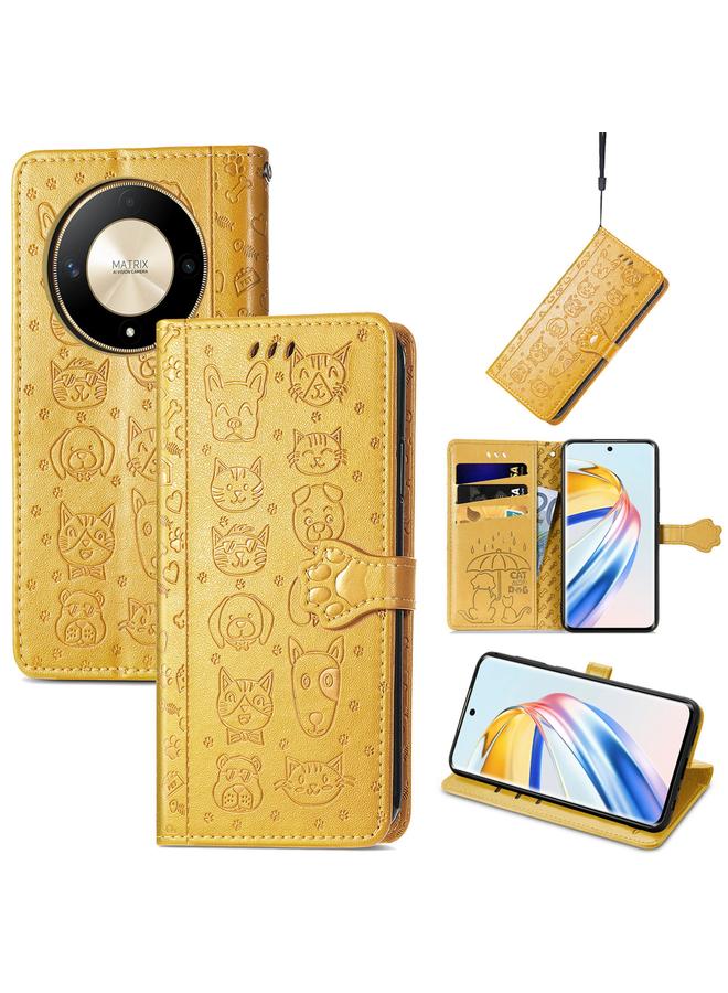 اس-توب جراب هاتف Honor X9b من الجلد المنقوش بنقشة قطة وكلب - Image 1