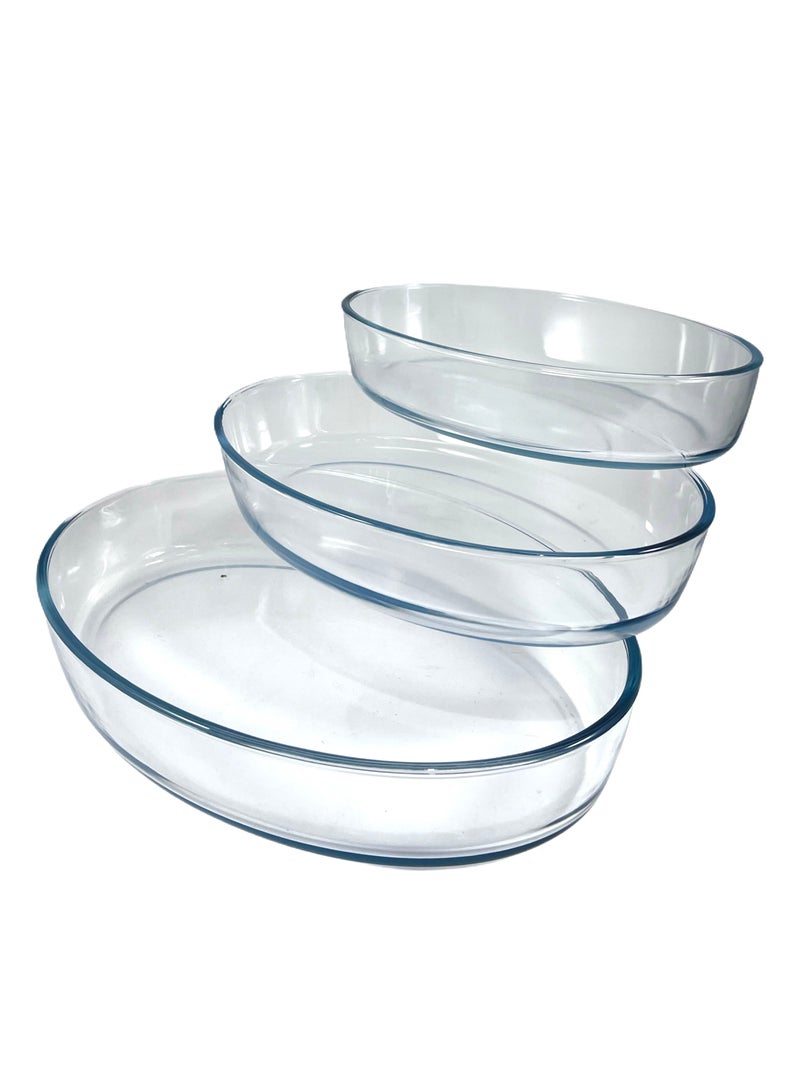 Homemaker طقم أطباق خبز زجاجية بيضاوية من 3 قطع – 4ل + 3.2ل + 2.4ل – شفافة – أدوات فرن مقاومة للحرارة للخبز والشوي والتقديم - Image 1