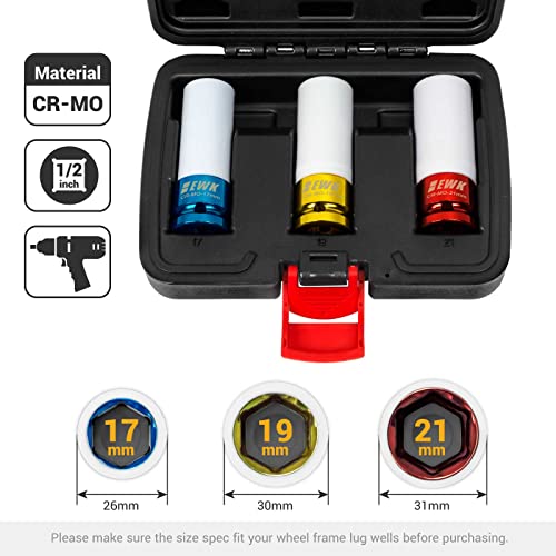 EWK 3 Pcs 1/2-inch Drive Non Marring Lug Nut Socket Set, 17mm 19mm 21mm Lug Nut Socket - Image 2