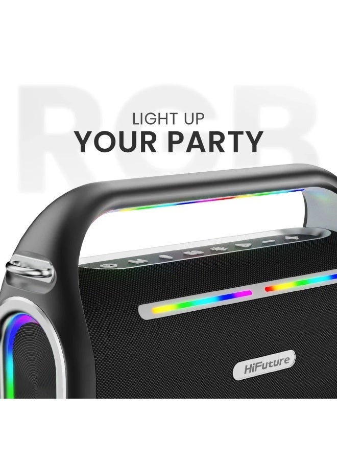 هاي فيوتشر مكبر صوت لاسلكي محمول HiFuture Music Box 100 | 70 واط | ميكروفون لاسلكي مزدوج | بطارية 8000 مللي أمبير | بلوتوث 5.3 | إضاءة RGB - أسود - Image 2