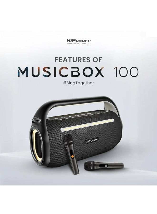 هاي فيوتشر مكبر صوت لاسلكي محمول HiFuture Music Box 100 | 70 واط | ميكروفون لاسلكي مزدوج | بطارية 8000 مللي أمبير | بلوتوث 5.3 | إضاءة RGB - أسود - Image 1
