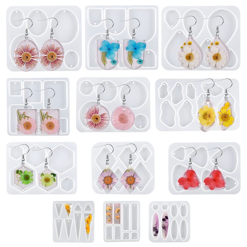 12 PCS Earring Resin Molds  Epoxy Resin Molds  Silicone Jewelry Mold with Hole  Casting Molds in Various Shapes and Sizes for Earrings Pendants Keychains Jewelry Making DIY Crafting