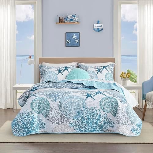 Tritard 2 Piece Coastal Quilt Sets Twin Size  Reversible Microfiber Quilts with 1 Sham Soft Lightweight Beach Bedding Nautical Bedspread Coverlet Summer Comforter Set for All Season 68x86