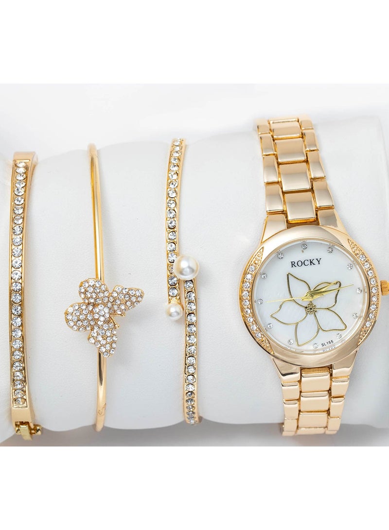 روكي طقم نسائي ذهبي ماركة روكي يتكون من ساعة ومجموعة من الاساور من الستانلس ستيل - Image 1