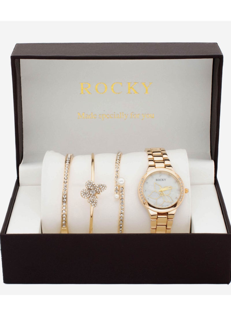روكي طقم نسائي ذهبي ماركة روكي يتكون من ساعة ومجموعة من الاساور من الستانلس ستيل - Image 3