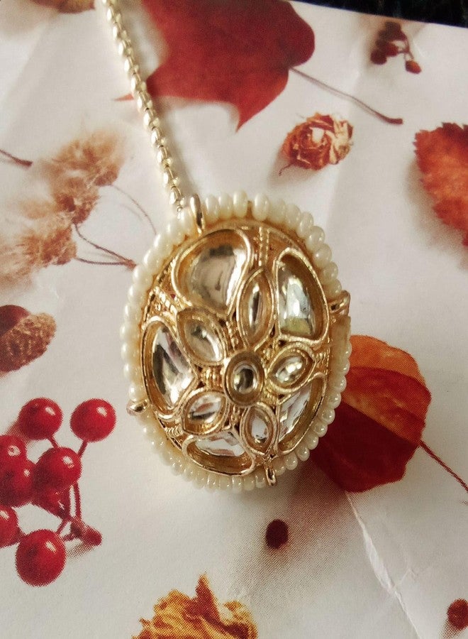 Bhumi Creation Pearl-Trimmed Gold-Tone Floral Maangtika, Traditional Indian Borla Rakdi, Round Pendant Design - Image 2