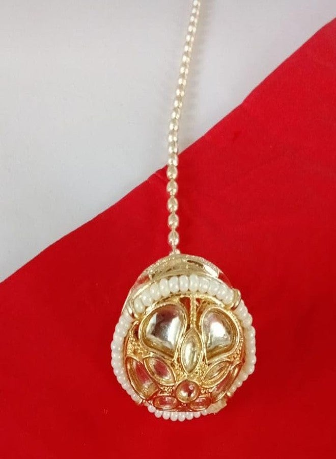 Bhumi Creation Pearl-Trimmed Gold-Tone Floral Maangtika, Traditional Indian Borla Rakdi, Round Pendant Design - Image 4
