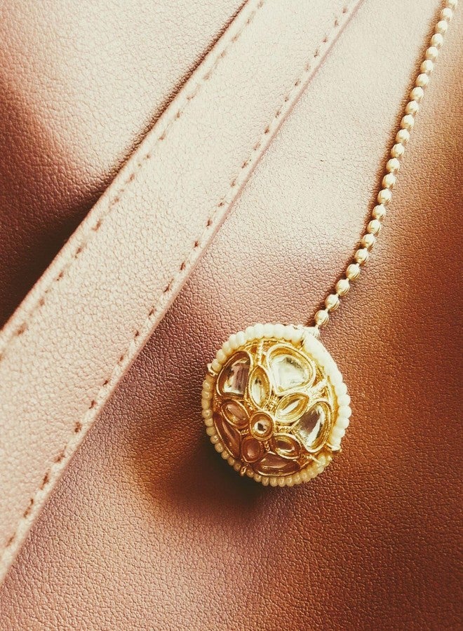 Bhumi Creation Pearl-Trimmed Gold-Tone Floral Maangtika, Traditional Indian Borla Rakdi, Round Pendant Design - Image 5