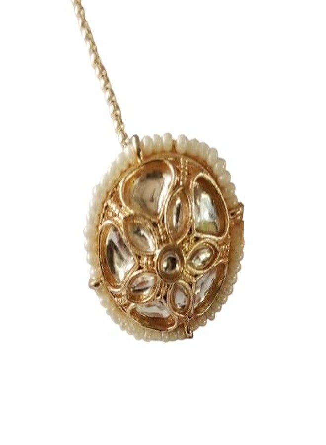 Bhumi Creation Pearl-Trimmed Gold-Tone Floral Maangtika, Traditional Indian Borla Rakdi, Round Pendant Design - Image 1
