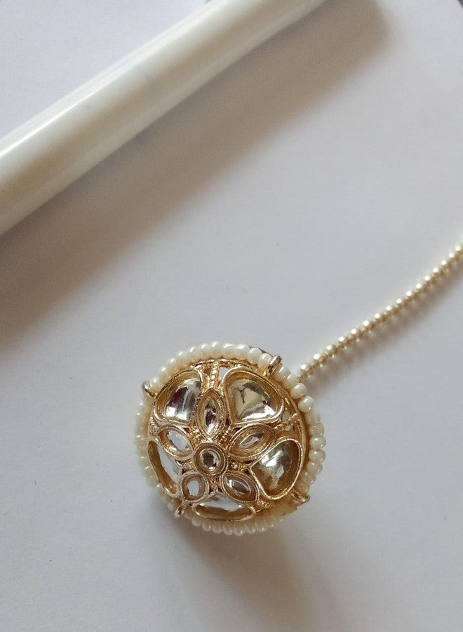 Bhumi Creation Pearl-Trimmed Gold-Tone Floral Maangtika, Traditional Indian Borla Rakdi, Round Pendant Design - Image 3
