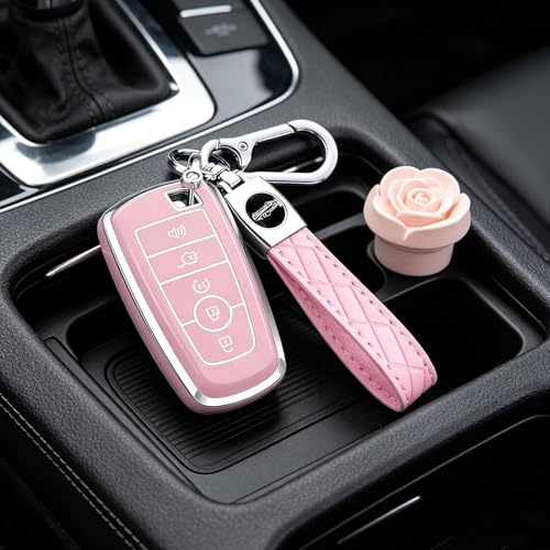 AAWQVRG Key Fob Cover for Ford - Premium Soft TPU Shell Full Protection Case with Keychain, Fits Explorer Expedition Escape Bronco Mustang F150 F250 F350 Maverick Ranger Fusion Lincoln, Pink 5-Button - Image 5