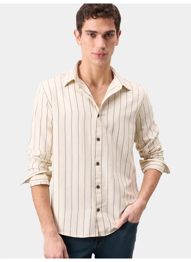 DeFacto DeFacto Mens Beige Checked Button-Down Collar Long Sleeve Shirt