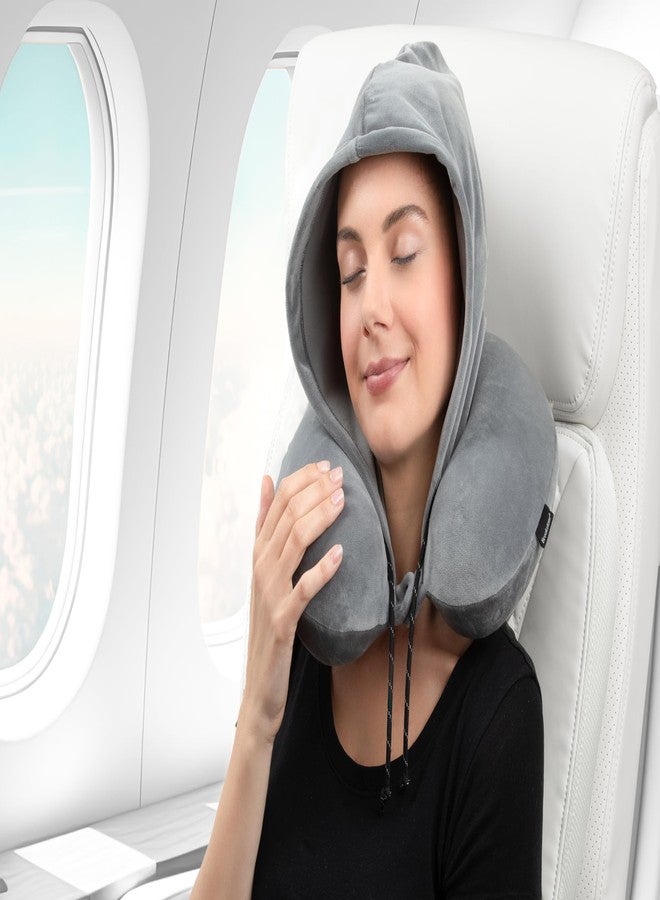 Brookstone Neck Travel Pillow - U-Shaped Memory Foam Hooded Neck Pillow with Snap Closure for Sleeping Airplane Car Travels, Size One Size, Dark Grey - Image 3