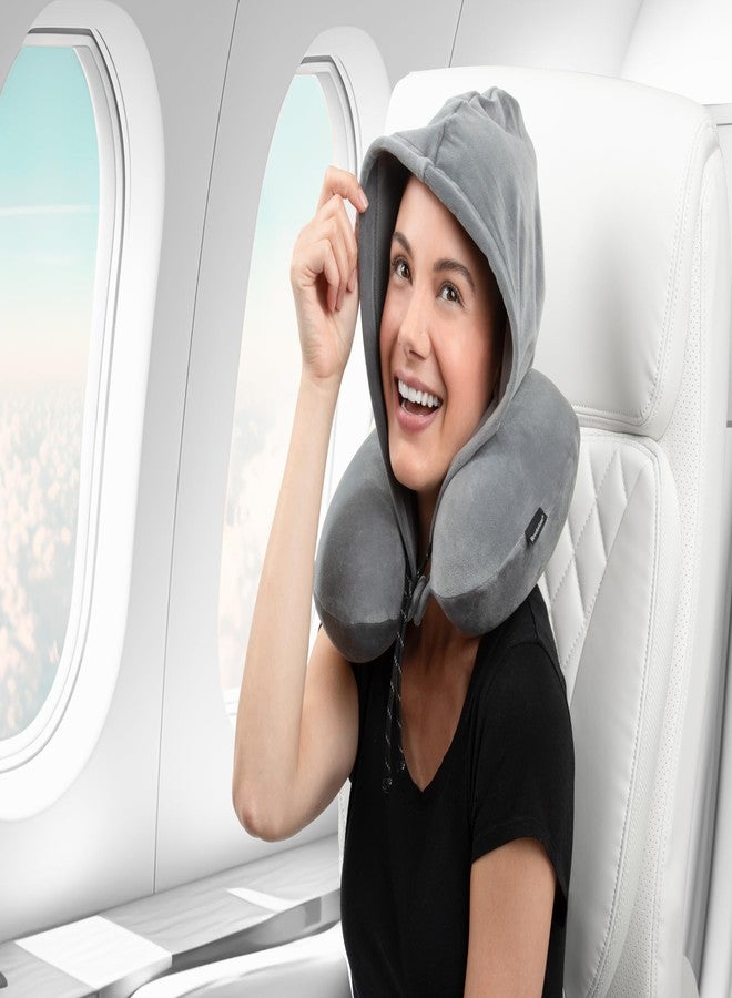 Brookstone Neck Travel Pillow - U-Shaped Memory Foam Hooded Neck Pillow with Snap Closure for Sleeping Airplane Car Travels, Size One Size, Dark Grey - Image 4