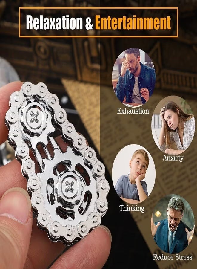 سبينر لعبة سبينر على شكل سلسلة دراجة لتخفيف التوتر، لعبة سبينر معدنية على شكل سلسلة مسننة للأطفال والكبار، لعبة مكتبية حركية مبتكرة لتهدئة الأعصاب، هدية رائعة للأطفال والكبار (فضي) - Image 5