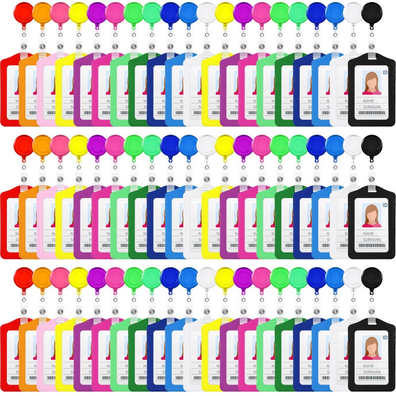 60 Sets Retractable Badge Reels PU Leather Name Badge Holder Multicolor ID Holder Key Card Holder Vertical ID Badge with Reel Clip for Office Business Worker Teachers Students Nurses Doctor