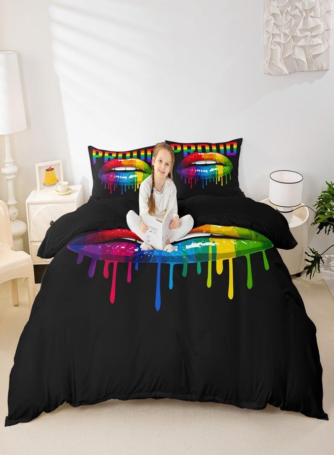 Castle Fairy Rainbow Stripes Duvet Cover Queen Size,Colorful Lips Comforter Cover with 2 Pillowcase for Teens,Pride Theme Bedding Set,Watercolor Tie-dye Breathable Decorative Bed Cover(No Filling)(No Comforter) - Image 1