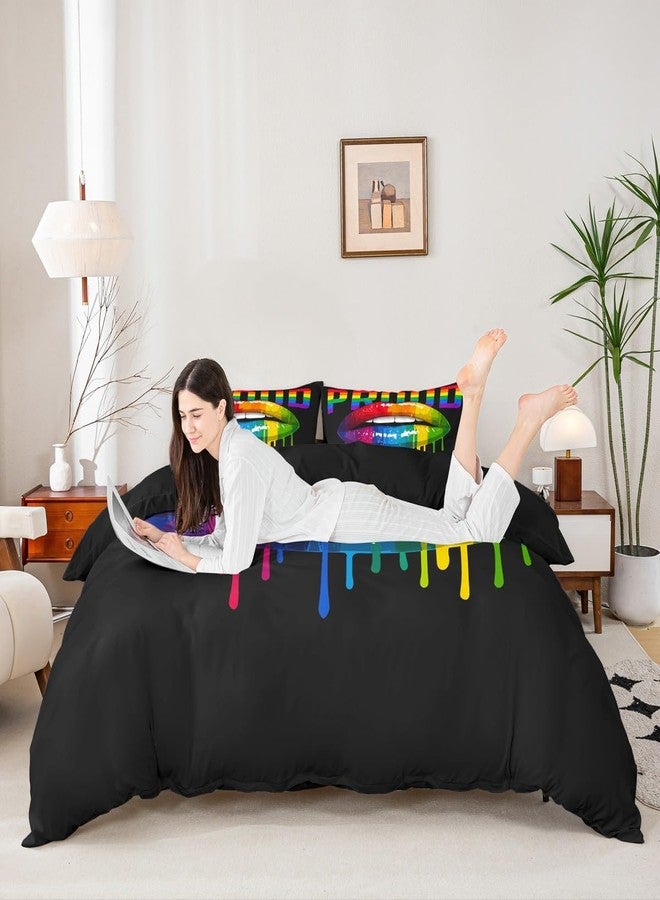 Castle Fairy Rainbow Stripes Duvet Cover Queen Size,Colorful Lips Comforter Cover with 2 Pillowcase for Teens,Pride Theme Bedding Set,Watercolor Tie-dye Breathable Decorative Bed Cover(No Filling)(No Comforter) - Image 2