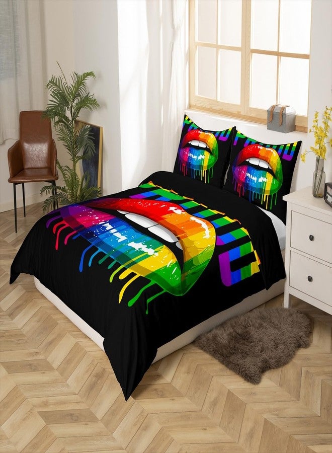 Castle Fairy Rainbow Stripes Duvet Cover Queen Size,Colorful Lips Comforter Cover with 2 Pillowcase for Teens,Pride Theme Bedding Set,Watercolor Tie-dye Breathable Decorative Bed Cover(No Filling)(No Comforter) - Image 5